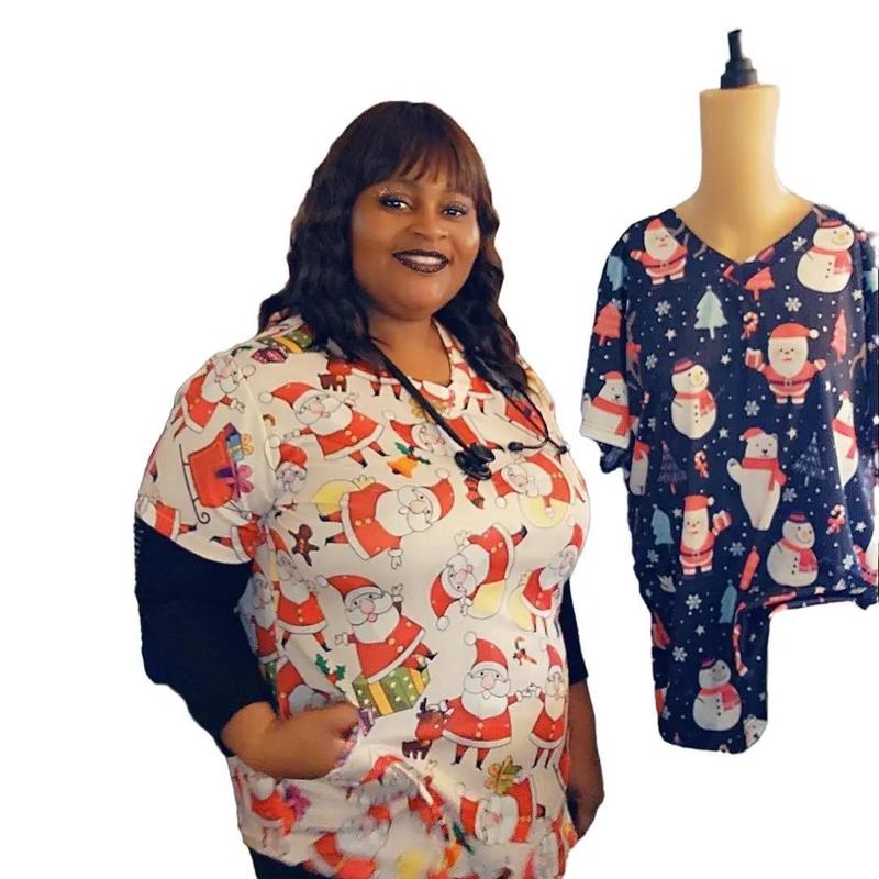 IFE Unisex Christmas Print Scrubs Top for Festive Workwear Uniforms