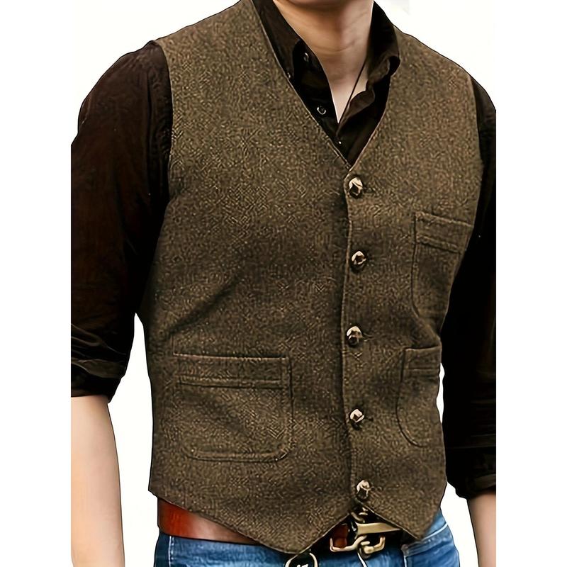 Man Vintage Tweed Suit Vest V Neck Casual Wool Waistcoat for Wedding Groomsmen Menswear Tops Menswear Tops Beige Plain