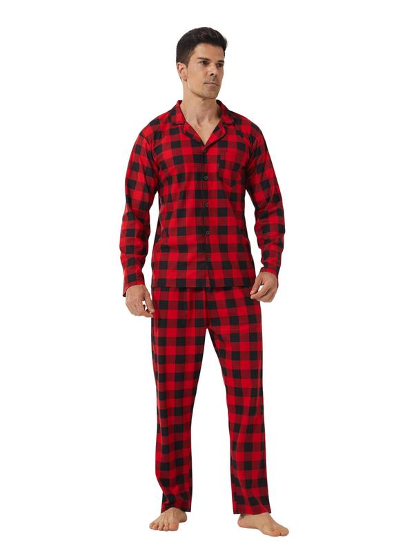 Two-Piece Set Men's Plaid Print Button Front Pajama Set, Casual Comfy Long Sleeve Lapel Neck Pocket Shirt & Elastic Waist Pants PJ Set, Men's Sleepwear for Fall & Winter