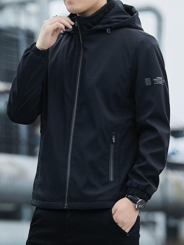 Men's Zipper Pocket Hooded Windbreaker Jacket, Classic Regular Fit Long Sleeve Jackets, Menswear Longsleeves Going Out Outfit for Spring & Fall