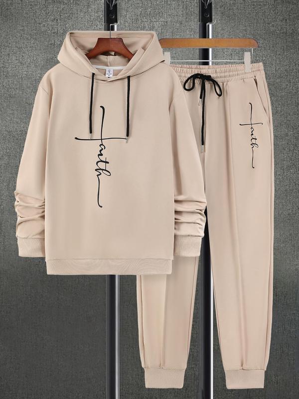 Two-piece Set Men's Letter Print Drawstring Hoodie & Pocket Sweatpants Loungewear, Casual Comfy Long Sleeve Hooded Sweatshirt & Elastic Waist Trousers Pj Set, Lounge Set, Men's Sleepwear for Spring & Fall