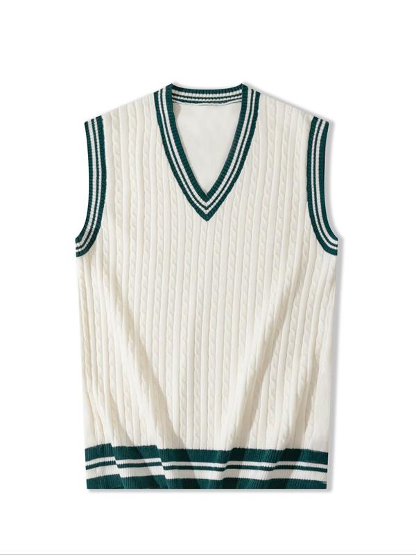 Men's Striped Print V Neck Tank Sweater Vest, Regular Fit Casual Sleeveless Jumper Vest for Fall & Winter, Men's Knitwear for Daily Wear