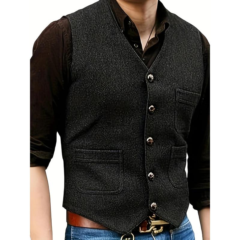 Man Vintage Tweed Suit Vest V Neck Casual Wool Waistcoat for Wedding Groomsmen Menswear Tops Menswear Tops Beige Plain