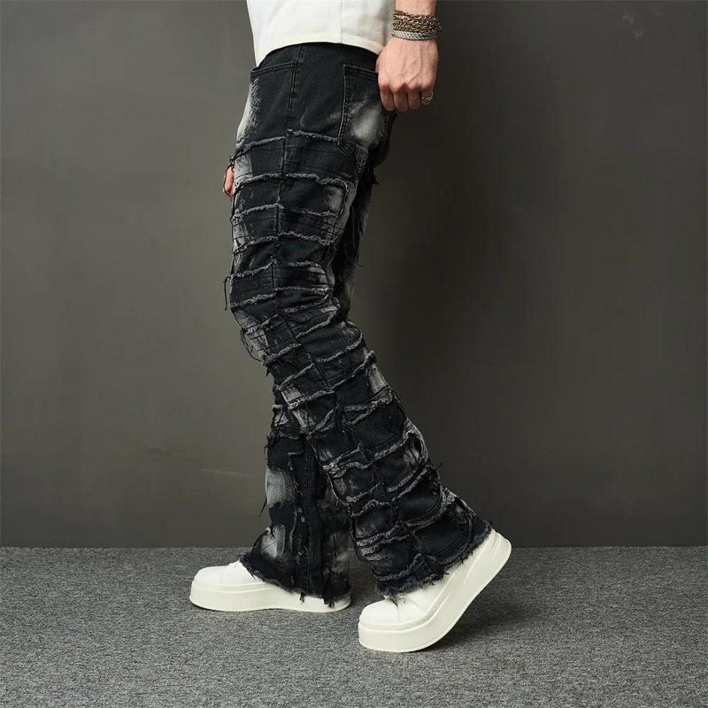 Stacked Men's jeans Fashion Streetwear HipHop Patch Spliced Men Straight Jeans Distressed Male Slim Biker Denim Pants Menswear Trouser