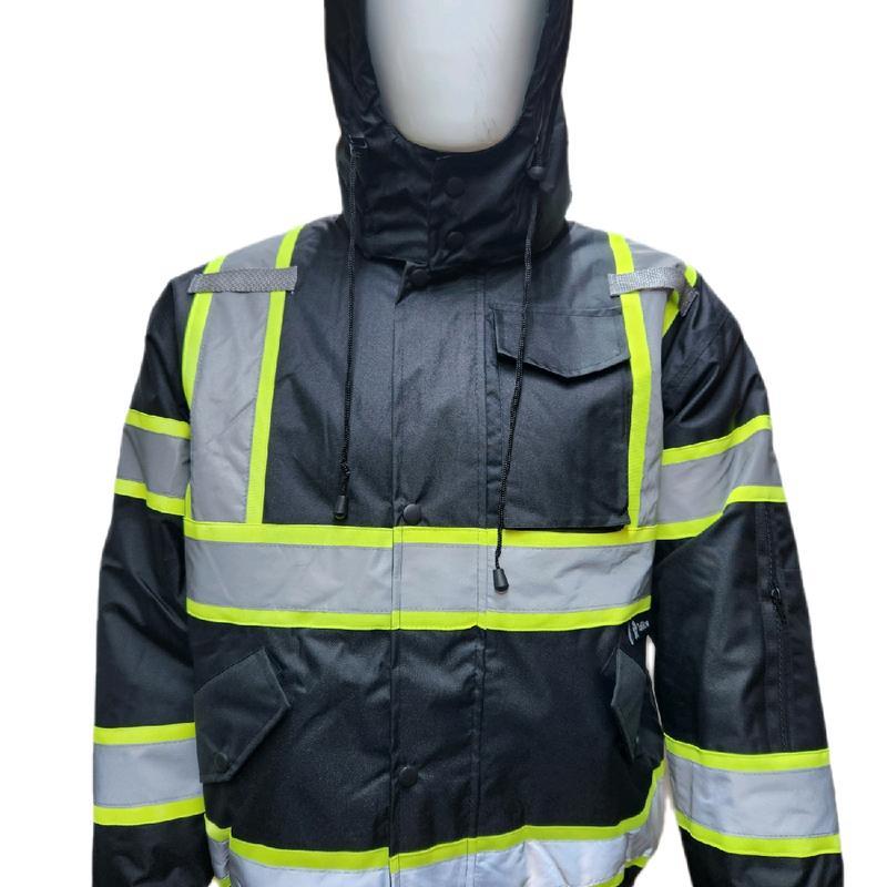 High Visibility Water Resistant Yellow Bomber Safety Jacket with Hoodie   Reflective Safety Sherpa Insulated Jacket