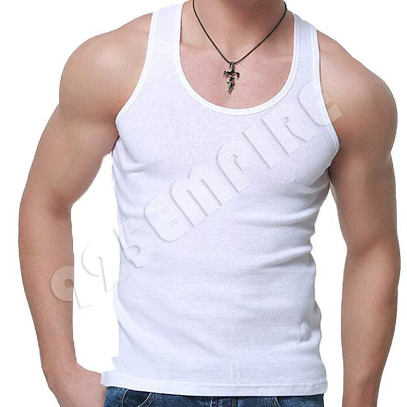 Men 100%Cotton Ribbed White Tank Top A-Shirt Wife Beater Undershirts Size:S-2XL