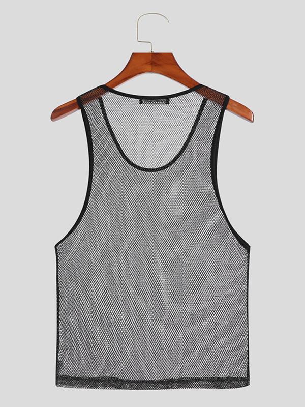 Men's Slim Plain Sheer Mesh Tank Top, Casual Sleeveless Round Neck Top for Summer, Fashion Men's Clothes for Daily Wear