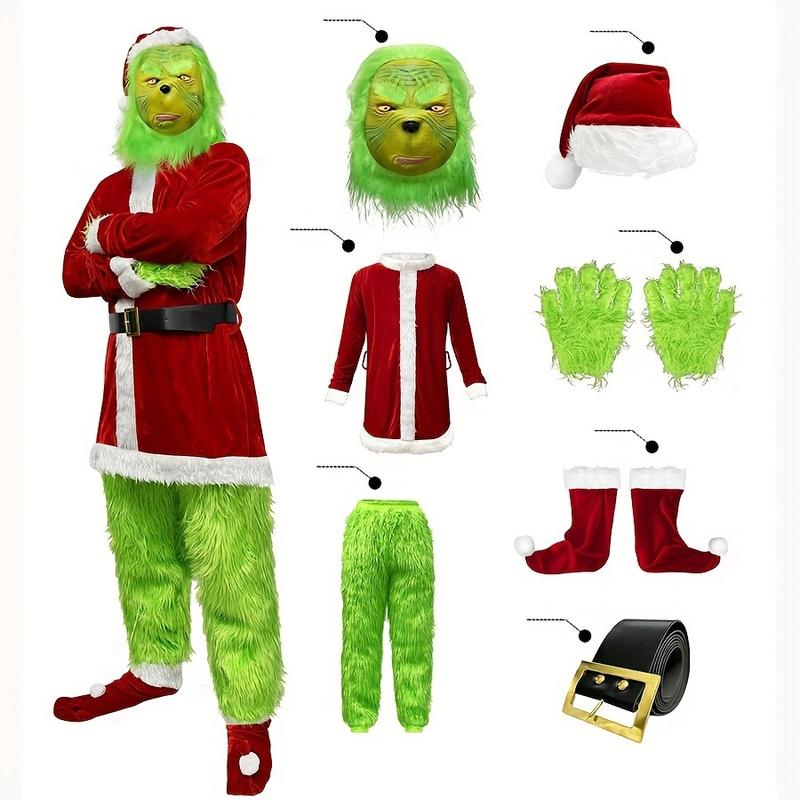 7pcs FunkYy Monster Sanmta Cosplay Costume Set - Hand Washable, Woven, Uncharged, Green-Haired Geek Theme for Party and Performance