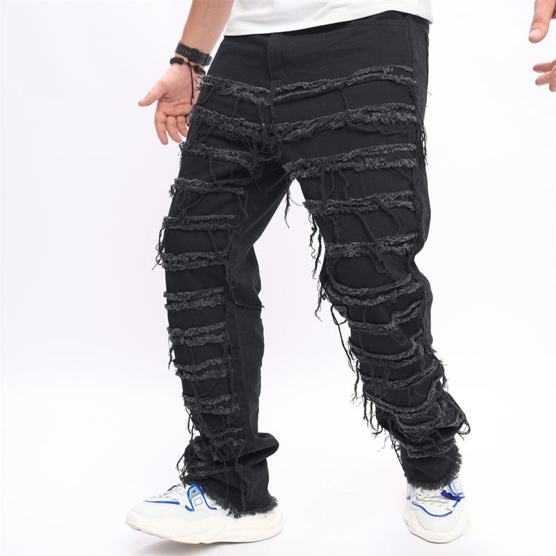 Men's HipHop Stacked Spliced Biker Jeans Stylish Men Street Loose Cotton Solid Male Straight Denim Pants Menswear Underwear Trouser Human Streetwear Pocket Beige Plain