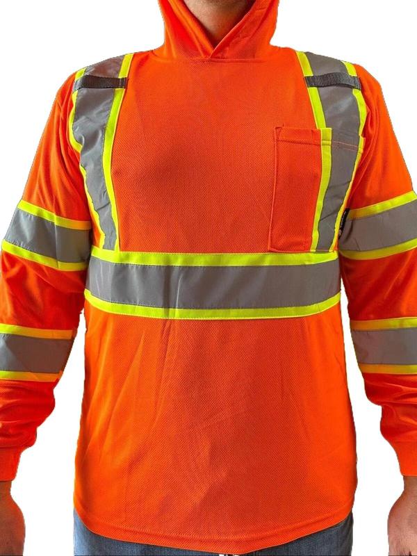 High Visibility Orange Long Sleeve Safety Shirt with hoodie   ANSI Rate Class 3 Polyester