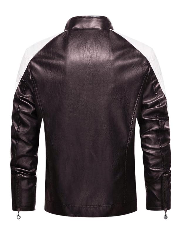 Men's Colorblock Zipper PU Leather Jacket, Regular Fit Casual Long Sleeve Stand Collar Thickened Outerwear for Fall & Winter, Men's Clothes for Daily Wear