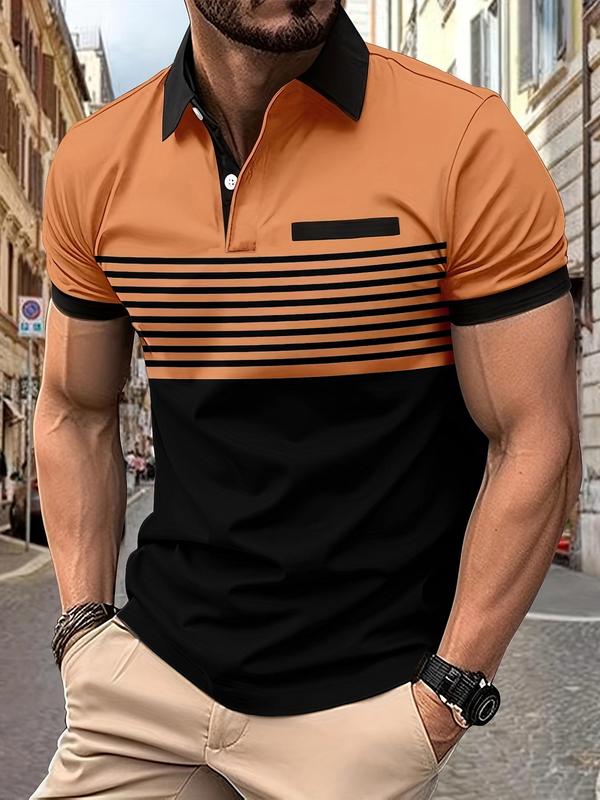 Men's Colorblock Striped Print Short Sleeve Polo Shirt, Casual Button Front Collared Top for Daily Wear, Men's Regular Fit Clothes for All Seasons