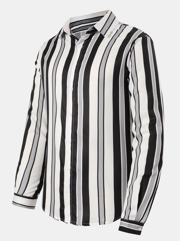 Men's Striped Print Button Front Shirt, Regular Fit Casual Long Sleeve Collared Top for Spring & Fall, Men's Clothes for Daily Wear