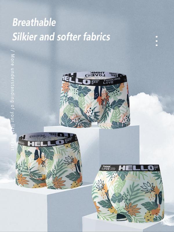 Men's Floral & Leaf Print Letter Tape Boxer Brief, Breathable Comfortable Underwear for Daily Wear, Casual Men's Underwear for All Seasons