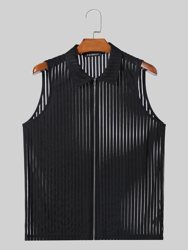 Men's Striped Zip Up Sheer Mesh Tank Top, Regular Fit Casual Fashion Sleeveless Collared Top for Summer, Men's Clothes for Club Party Music Festival