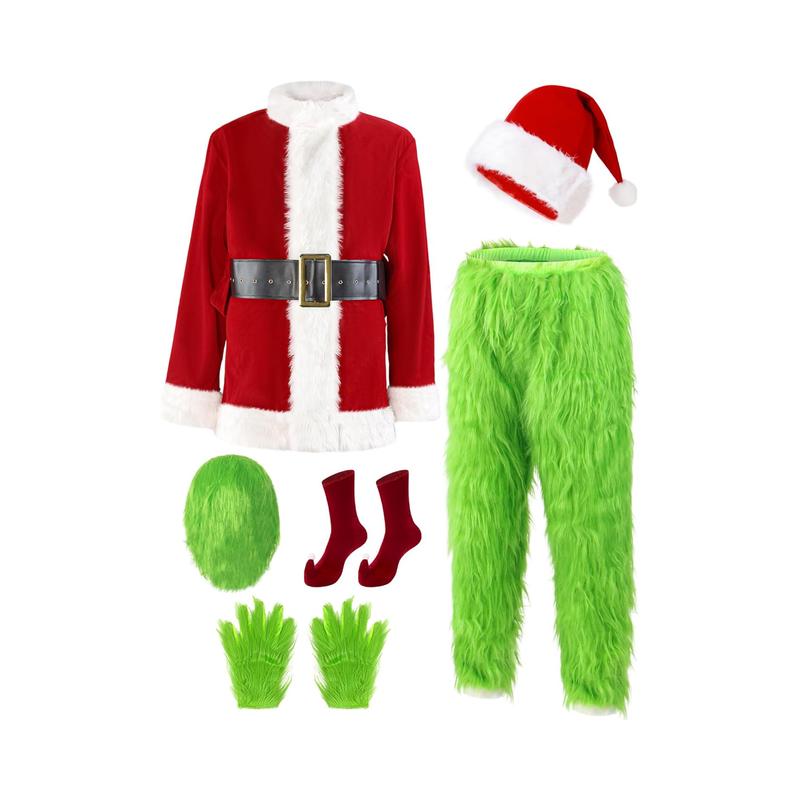 Christmas Costumes cosplay Clothes,7Pcs Xmas Furry Santa Suit Cosplay Fancy Dress,Adult Medium Santa Green Monster Costume, Performance Clothes