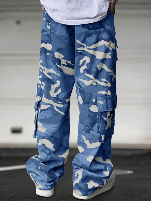 Men's Camo Print Drawstring Waist Cargo Pants, Loose Casual Pocket Trousers for Outdoor Hiking Camping, Fashion Men's Bottoms for All Seasons