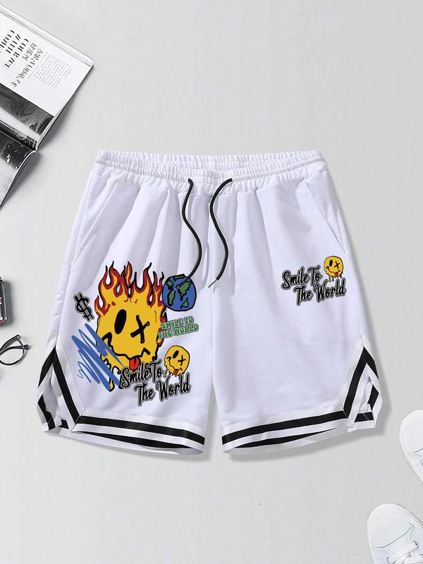 Men's Cartoon Face & Letter Print Drawstring Waist Shorts, Casual Loose Pocket Track Shorts for Summer, Mens Bottoms for Daily Wear