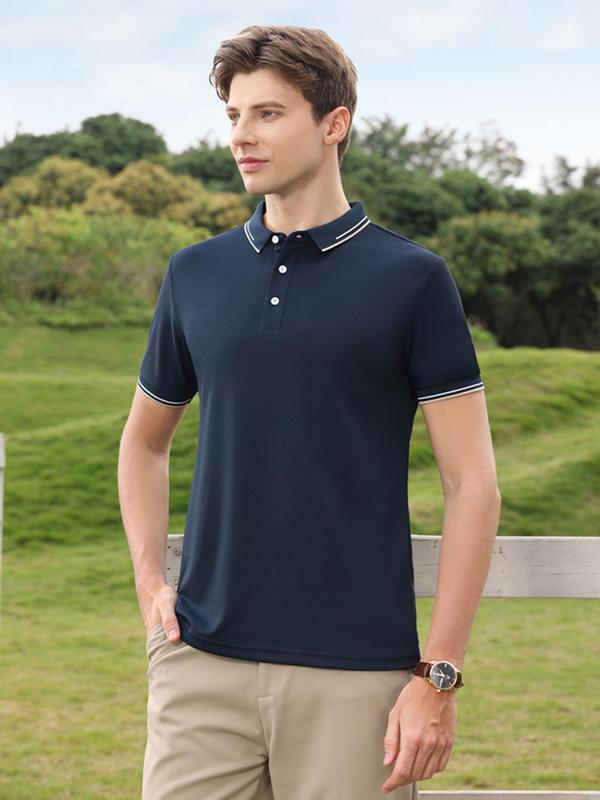 Sporty Men's Striped Trim Short Sleeve Sports Polo Shirt, Regular Fit Sports Half Button Collared Top for Summer, Men's Outdoor Clothes for Daily Wear