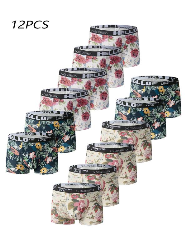 Men's Floral & Leaf Print Letter Tape Boxer Brief, Breathable Comfortable Underwear for Daily Wear, Casual Men's Underwear for All Seasons