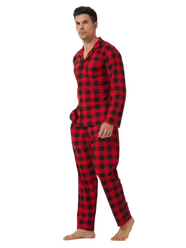 Two-Piece Set Men's Plaid Print Button Front Pajama Set, Casual Comfy Long Sleeve Lapel Neck Pocket Shirt & Elastic Waist Pants PJ Set, Men's Sleepwear for Fall & Winter