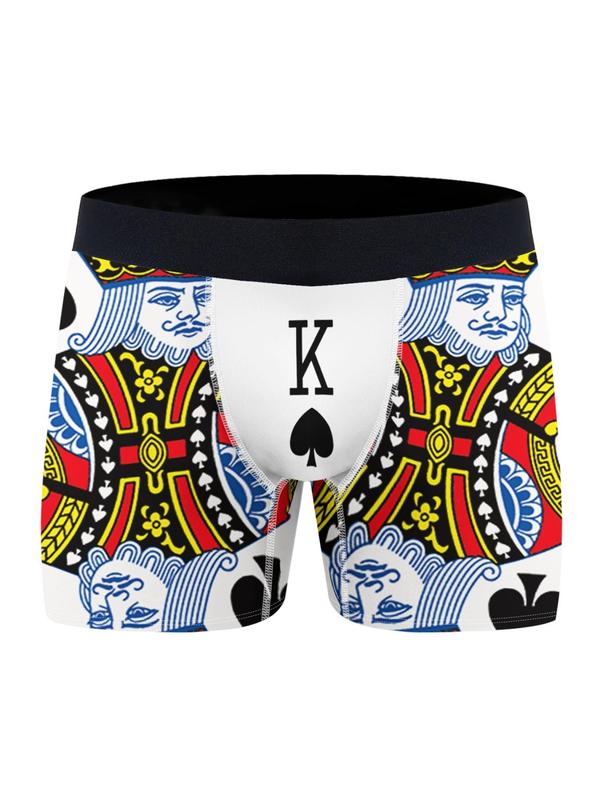 Men's All Over Playing Card Print Contrast Tape Boxer Brief, Slim Casual Comfy Breathable Knicker for All Seasons, Mens Underwear for Daily Wear