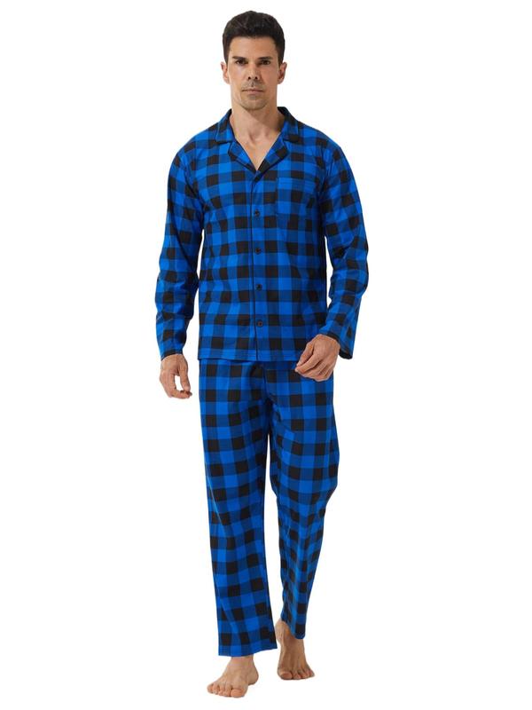 Two-Piece Set Men's Plaid Print Button Front Pajama Set, Casual Comfy Long Sleeve Lapel Neck Pocket Shirt & Elastic Waist Pants PJ Set, Men's Sleepwear for Fall & Winter