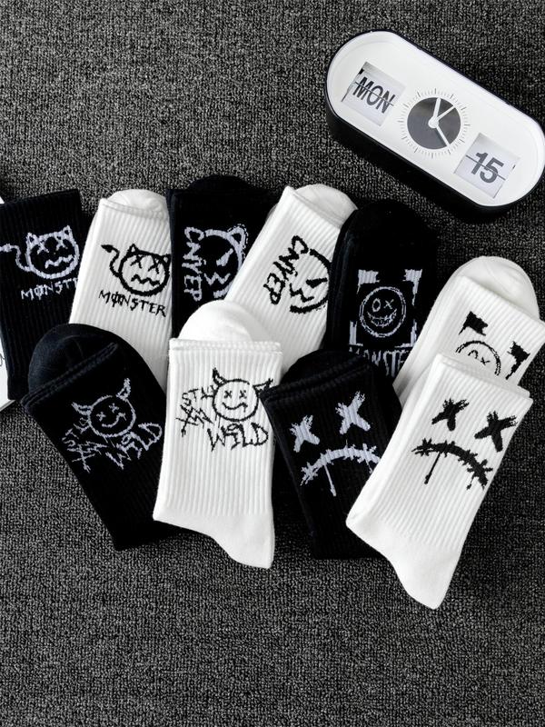 Men's Cartoon Face Print Crew Socks, Casual Moisture Wicking Mid-calf Socks, Summer Outdoor Socks, 10 Pairs Soft Comfy Breathable Socks for All Seasons Daily Wear, Menswear