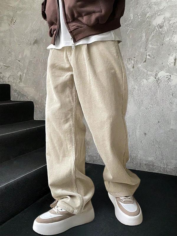 Men's Solid Pocket Drawstring Waist Wide Leg Pants, Loose Casual Corduroy Trousers for Fall & Winter, Men Bottoms for Daily Wear, Fall Work Outfits, Streetwear Lazy School Outfit