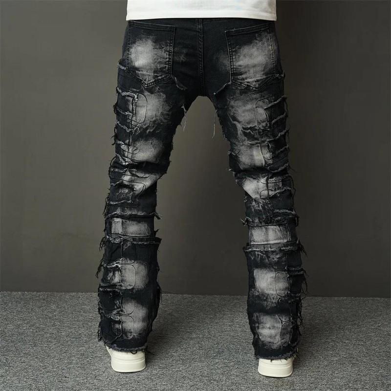 Stacked Men's jeans Fashion Streetwear HipHop Patch Spliced Men Straight Jeans Distressed Male Slim Biker Denim Pants Menswear Trouser