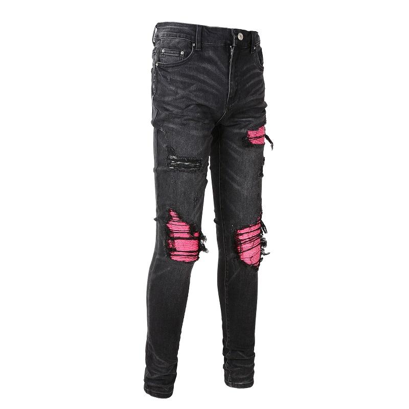 Men's Distressed High Street Black Slim Fit Stretch Pink Paisley Bandanna Patches Holes Ripped Jeans