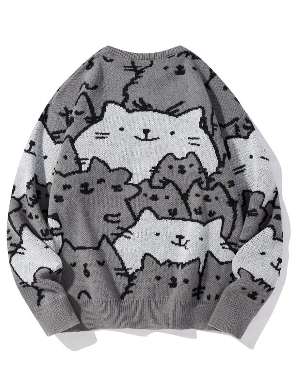 Men's Cartoon Cat Print Drop Shoulder Sweater, Regular Fit Casual Long Sleeve Round Neck Jumper for Fall & Winter, Fashion Men's Knitwear for Daily Wear