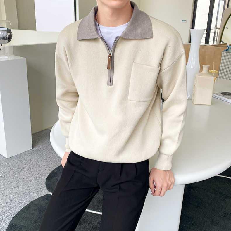 Autumn New Contrast Color Sweater Polo Fashion Zipper Sweater Men's Sweater