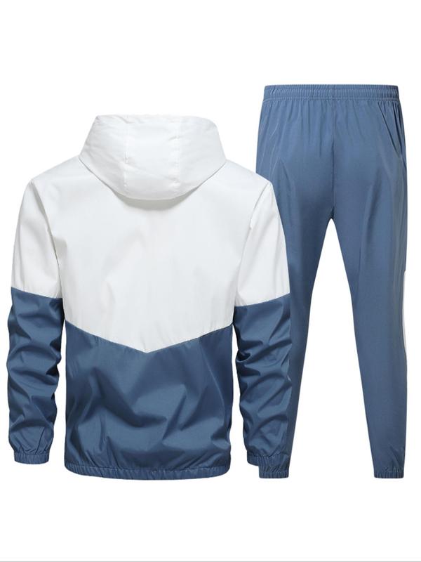 Men's Patchwork Zip Up Hoodie & Drawstring Waist Sweatpants Two-piece Set, Casual Regular Fit Long Sleeve Hooded Outerwear & Pocket Jogger Pants for Fall & Winter, Men's Two-piece Outfits for Daily Wear