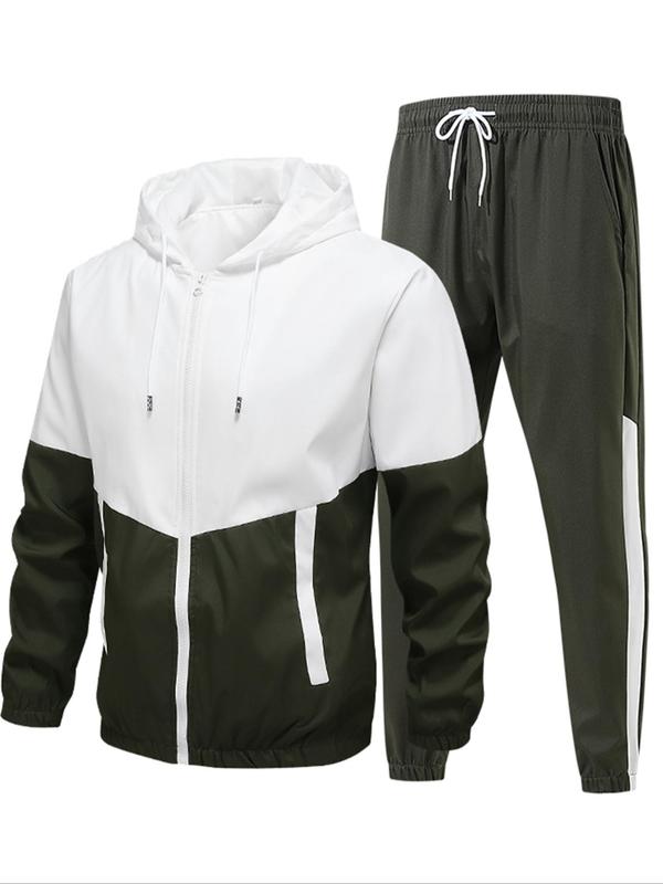 Men's Patchwork Zip Up Hoodie & Drawstring Waist Sweatpants Two-piece Set, Casual Regular Fit Long Sleeve Hooded Outerwear & Pocket Jogger Pants for Fall & Winter, Men's Two-piece Outfits for Daily Wear