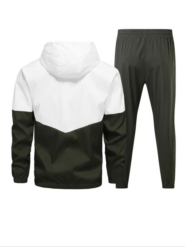 Men's Patchwork Zip Up Hoodie & Drawstring Waist Sweatpants Two-piece Set, Casual Regular Fit Long Sleeve Hooded Outerwear & Pocket Jogger Pants for Fall & Winter, Men's Two-piece Outfits for Daily Wear