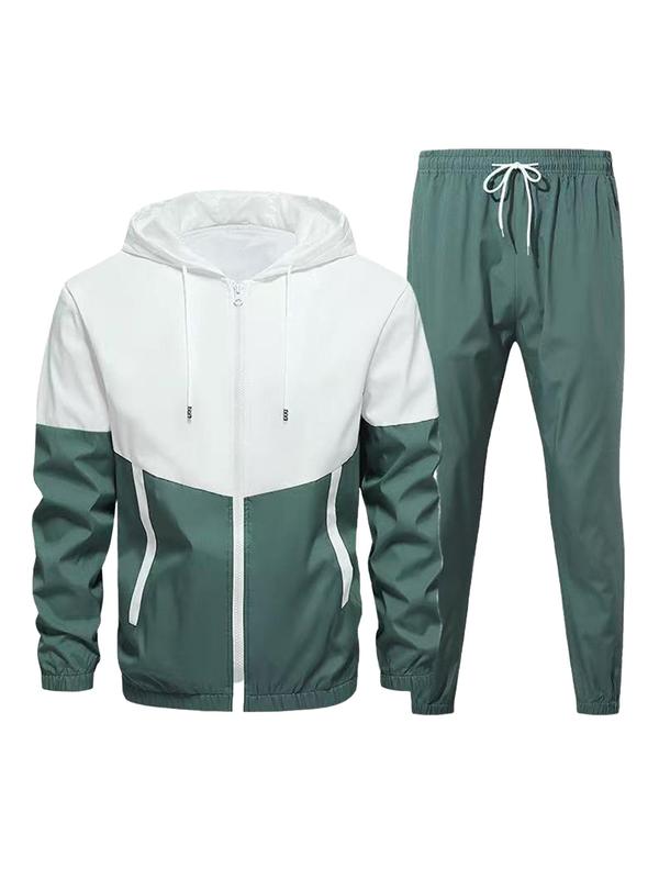 Men's Patchwork Zip Up Hoodie & Drawstring Waist Sweatpants Two-piece Set, Casual Regular Fit Long Sleeve Hooded Outerwear & Pocket Jogger Pants for Fall & Winter, Men's Two-piece Outfits for Daily Wear