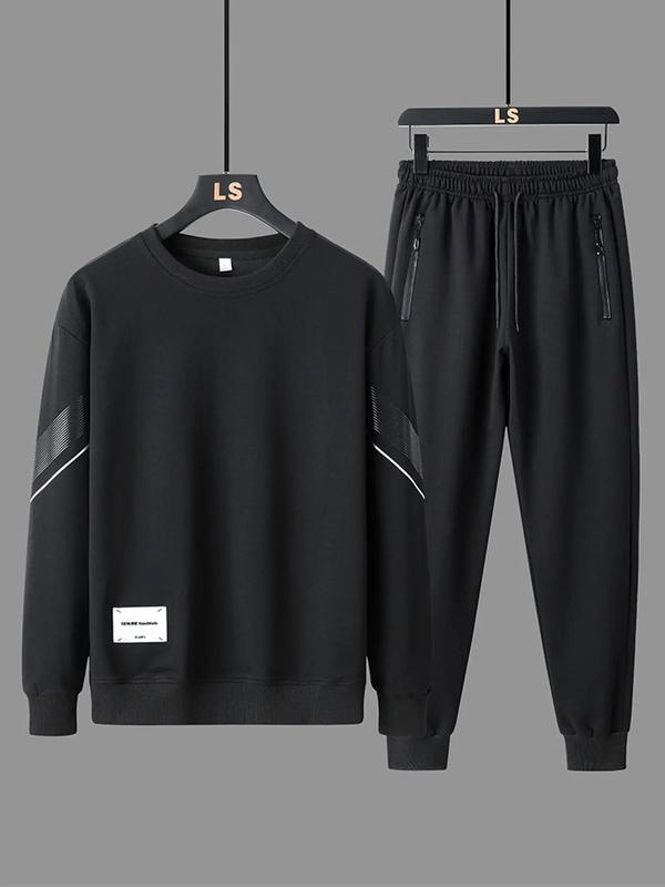 Two-Piece Set Men's Striped Print Round Neck Sweatshirt & Drawstring Sweatpants Lounge Co-ord Set, Regular Fit Casual Long Sleeve Pullover & Jogger Pants Lounge Set, Men's Two-piece Outfits