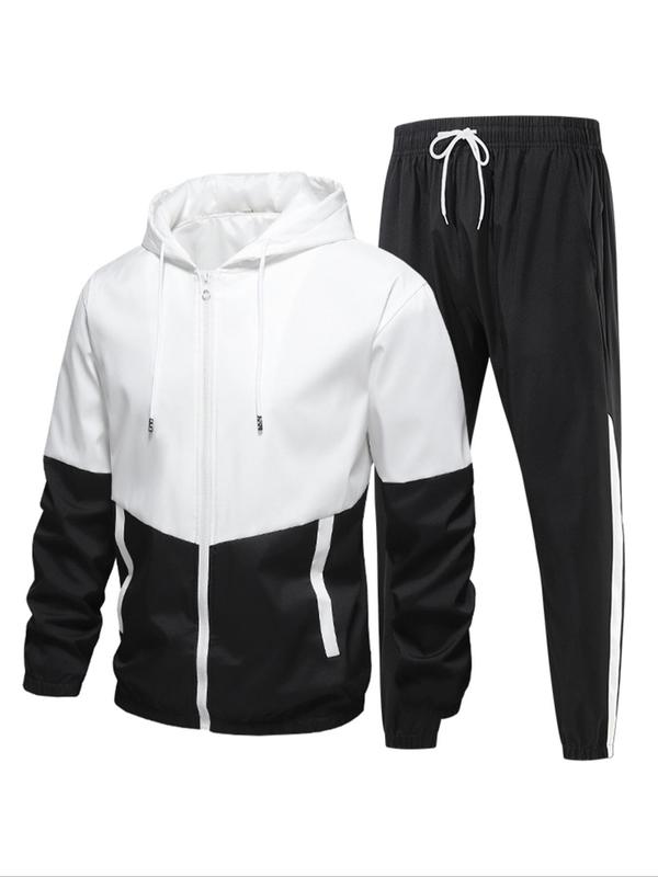 Men's Patchwork Zip Up Hoodie & Drawstring Waist Sweatpants Two-piece Set, Casual Regular Fit Long Sleeve Hooded Outerwear & Pocket Jogger Pants for Fall & Winter, Men's Two-piece Outfits for Daily Wear