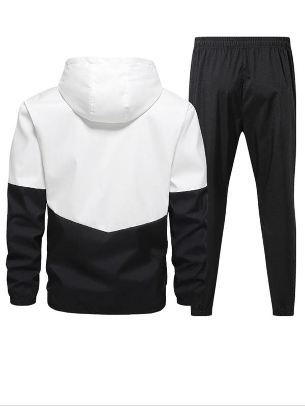 Men's Patchwork Zip Up Hoodie & Drawstring Waist Sweatpants Two-piece Set, Casual Regular Fit Long Sleeve Hooded Outerwear & Pocket Jogger Pants for Fall & Winter, Men's Two-piece Outfits for Daily Wear