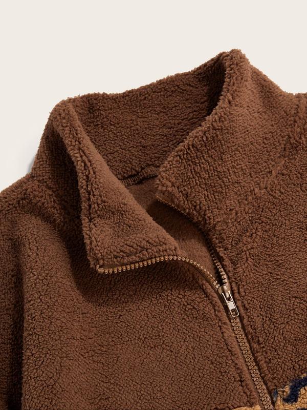 Men's Ethnic Pattern Zip Up Funnel Neck Jacket, Regular Fit Casual Long Sleeve Drawstring Pocket Outerwear for Fall & Winter, Men's Clothes for Daily Wear, Designer Clothing for Men, Jackets for Men Winter Jacket