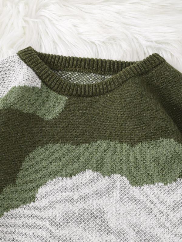 Men's Clouds Print Ripped Drop Shoulder Sweater, Casual Regular Fit Long Sleeve Round Neck Jumper for Fall & Winter, Fashion Men's Knitwear for Daily Wear