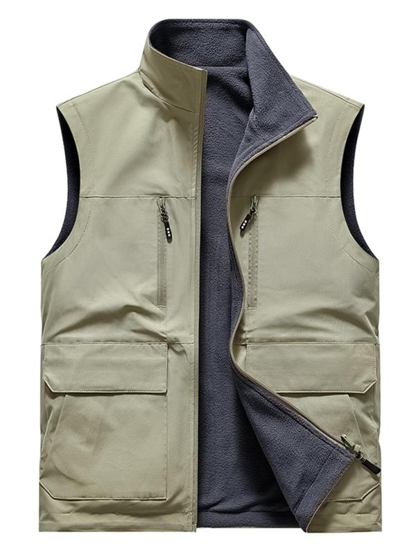 Men's Solid Zip Up Pocket Thermal Lined Sports Vest, Regular Fit Casual Stand Collar Sleeveless Outerwear for Fall & Winter, Men's Sportswear for Outdoor Activities