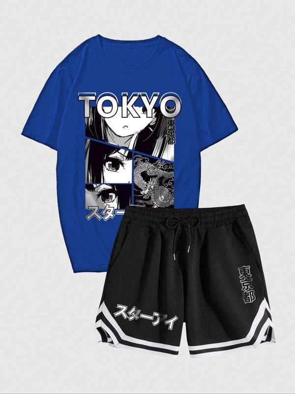 Men's Graphic Drop Shoulder Tee & Japanese Character Print Shorts Set,  Regular Fit Casual Short Sleeve T-Shirt & Asymmetrical Contrast Trim Shorts for Streetwear, Summer Clothes for Men