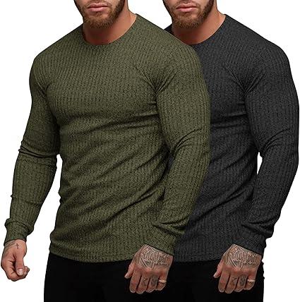 COOFANDY Men's 2 Pack Muscle T-Shirt Stretch Long Sleeve Gym Workout Bodybuilding Training Tee Shirts Casual Hipster Tops