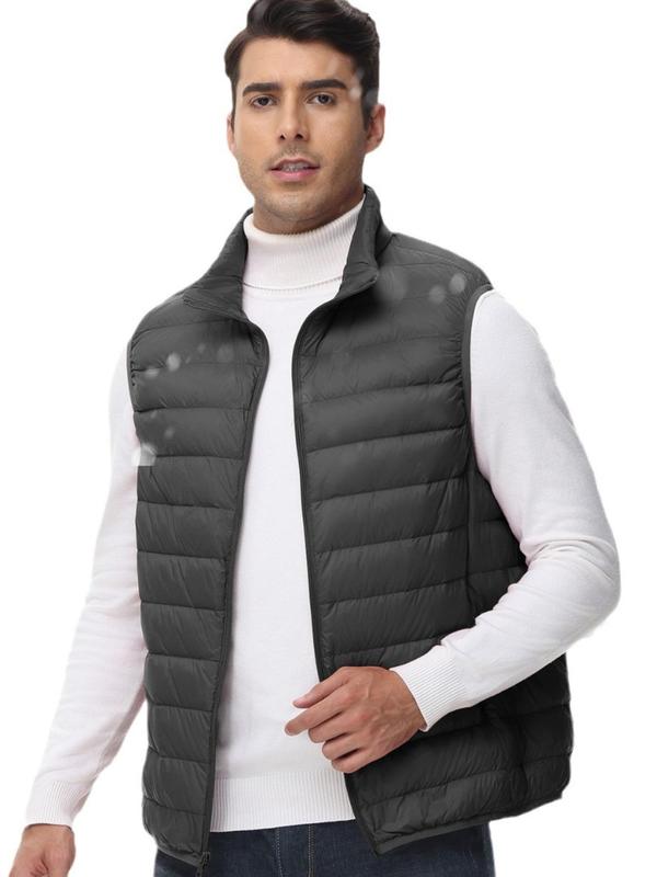 Men's Solid Zip Up Pocket Sports Down Vest Jacket, Regular Fit Casual Sleeveless Thermal Outerwear for Fall & Winter, Men's Clothes for Outdoor Activities