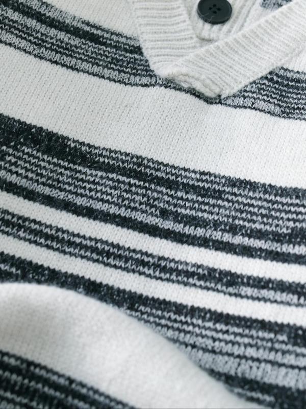 Men's Striped Print Button Front Hooded Sweater with Fake V Neck Design, Regular Fit Casual Long Sleeve Jumper for Fall & Winter, Men's Knitwear for Daily Wear