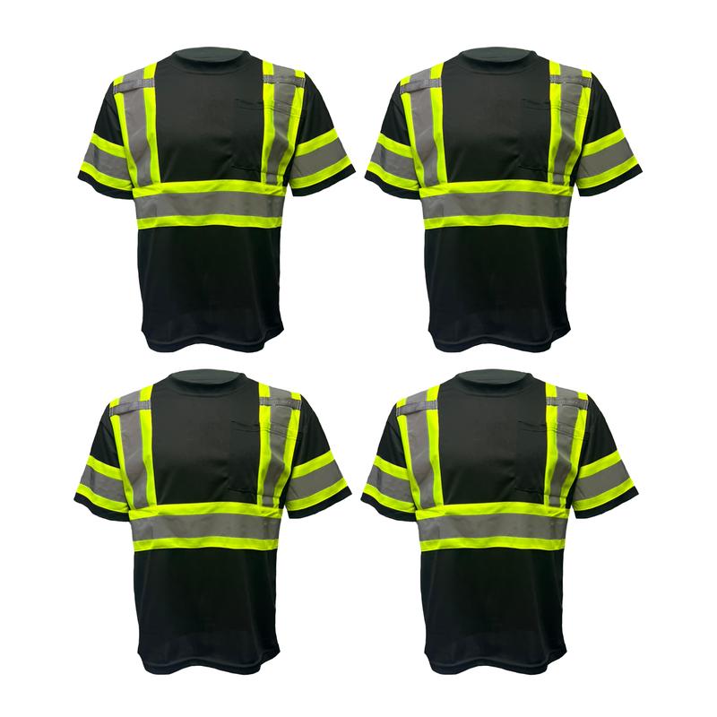 4 PACK -  Black Hi Visibility Reflective Safety Shirt with Mic Tab Holder and Left Hand Pocket In Short and or Long Sleeve