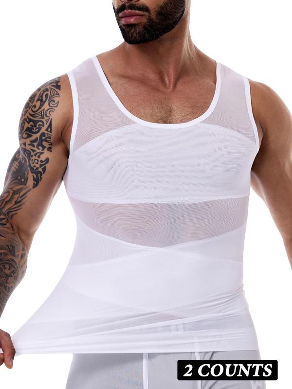 Men's Solid Sheer Shapewear Tank Top, Breathable Comfortable High Stretch Shaper, Tummy Control Shapewear for Daily Wear