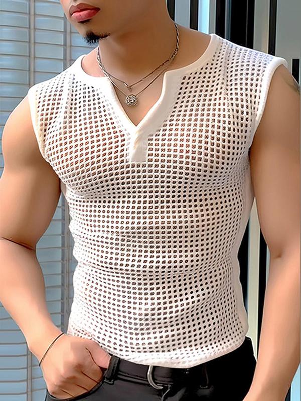 Men's Hollow Out Sheer Tank Top, Casual V Neck Sleeveless Top for Summer, Fashion Men's Streetwear Clothes for Daily Wear